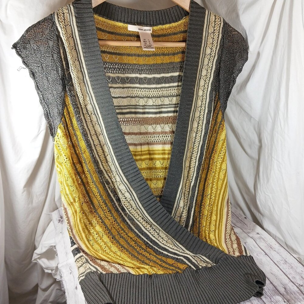 DKNY Jeans Striped Surplice Knit Sweater Vest Gray Yellow White Stripes Sz. L